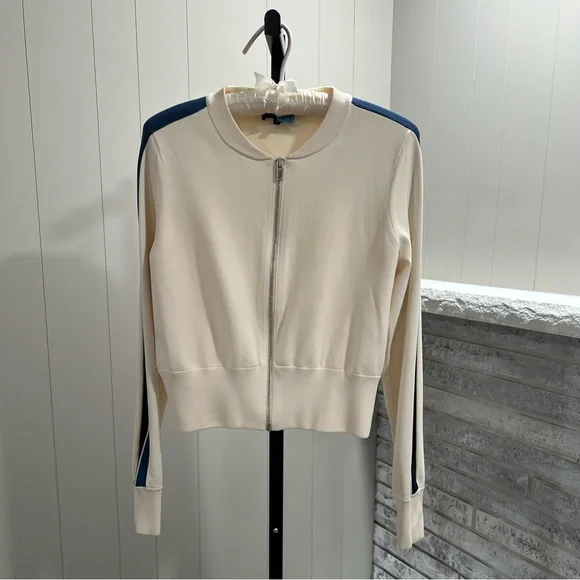 Theory Bomber Compact Crepe Knit Zip-Up Striped Sleeve Sweater